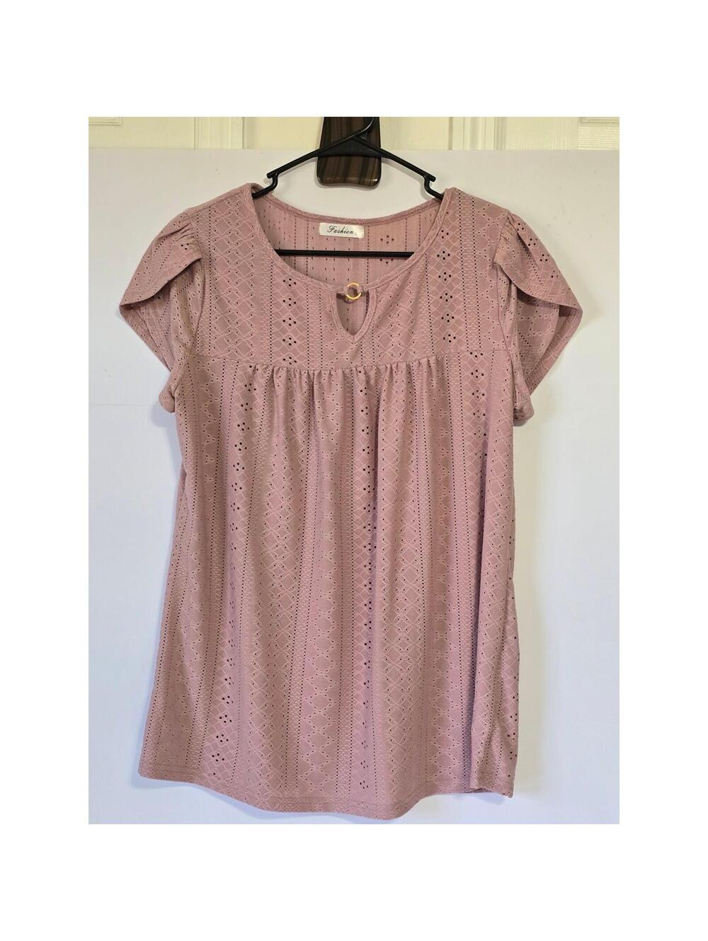 Fashion Womens Mauve Lace Knit Short Sleeve Top Tunic Geometric Pink Size L